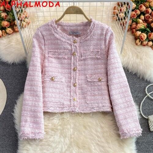 ALPHALMODA Autumn New Arrival Long-sleeved Jacket Button Details Tassel Trim Women Elegant Outfit Top