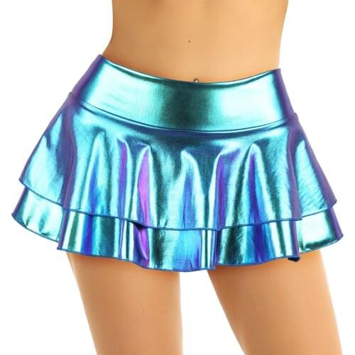 Womens Mini Skirt for Pole Dancing Shiny Metallic Low Rise Double Layered Ruffled Mini Skirt for Dance Raves Festivals Costumes