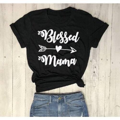 Women Blessed Mama Letter Print Funny T-Shirt Basic O-Neck women Tops Mom Life graphic gift mother days grunge cotton tee- L010