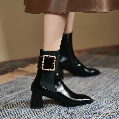 Hot Genuine Leather Square Toe Modern Heels Women Boots Office Lady ZIP ANKLE Boots Thick Heel 2021 Women Shoes