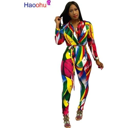 HAOOHU Long Sleeve Autumn women Overalls Jumpsuits notched neck paisly print pencil bodycon Outfit casual sexy rompers