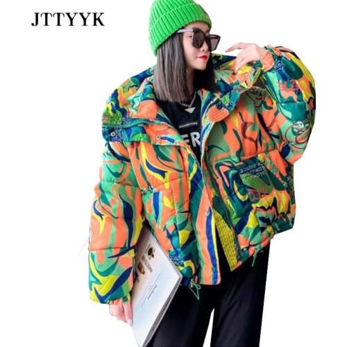 Warm Winter Down Jacket Women 2021 Graffiti Print Fashion Hooded Short Parka Girls Thick Streetwear Hip Hop Padded Coat Female
