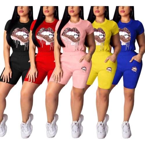Ladies Sports Style 2Pcs Clothes Set Leopard Lips Printed Short Sleeve T-shirt with Solid Color Tight Shorts Summer Tracksuit