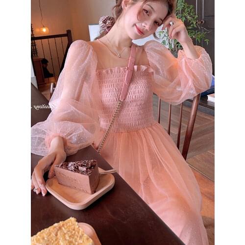 Summer Women Lace Mesh Dress Fairy Ladies Casual Long Puff Sleeve Summer Square Collar Designer Ankle-length Middle Dress 2021