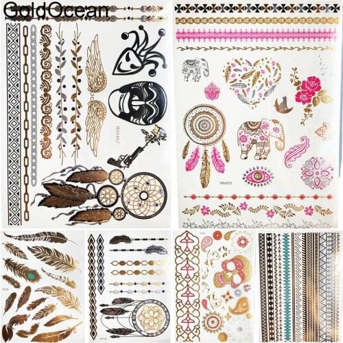 Golden Metal Joker Mask Temporary Tattoo Dream Catcher Girl Arm Tattoo Stickers Ganesha Flower Flash Tatoos Women Feather Chains