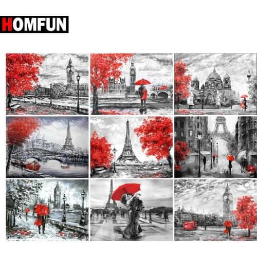 HOMFUN 5D Diamond "Tower couple scenery red" Diamond Embroidery Full Round/ Square Diy Diamond Painting Cross Stitch Home Decor