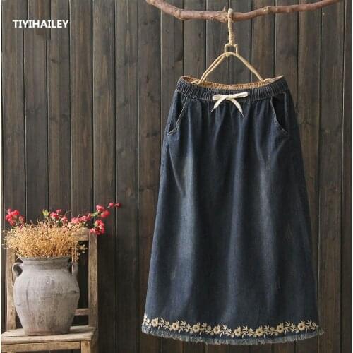 Free Shipping Summer Denim All-match Casual Jeans Skirt Elastic Waist Long Mid-calf Skirt For Women A-line Summer Embroidery