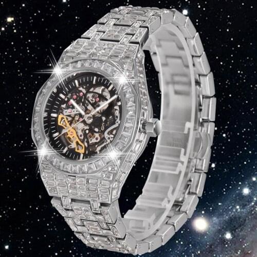 AAA CZ Men Skeleton Mechanical Wristwatch Tourbillon Automatic Watch Man Iced Out Diamond Mens Watches Waterproof Reloj Hombre