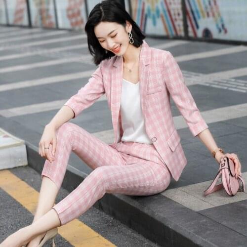 High Quality Fabric Elegant Plaid Formal OL Styles Pantsuits Half Sleeve Professional Business Work Wear Blazers Trousers Set
