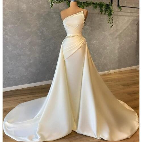 Elegant Pearls Mermaid Prom Dresses With Detachable Train 2021 Ivory Satin African Women Plus Size Formal Evening Gowns