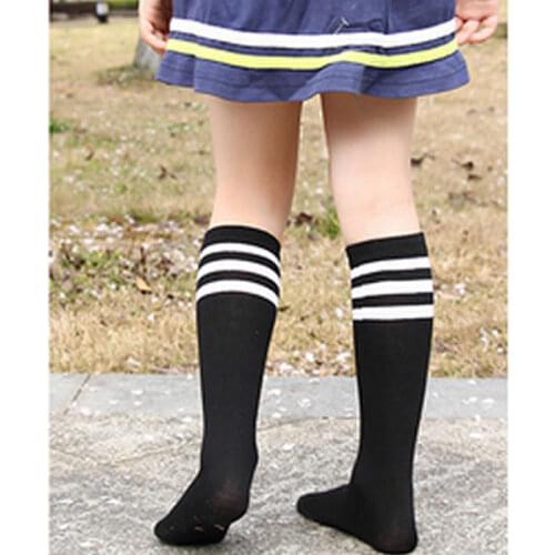 Baby Girls Knee High Socks Kids Children Cute Solid Cotton Girl Long Tube Black Socks Three Bars Shool Sneaker Sock