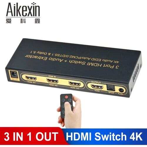 Aikexin HDMI Switch 3x1 with Audio Extractor 4K,3 Port HDMI Switch Switcher with IR optical+3.5mm audio for XBOX 360 PS3 PS4