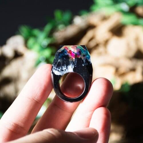 New Epoxy Resin Magic Wooden Rings For Women Flowers Wooden Ring Jewelry Fashion Natural Landscape Wood Rectangle Ring Gifts