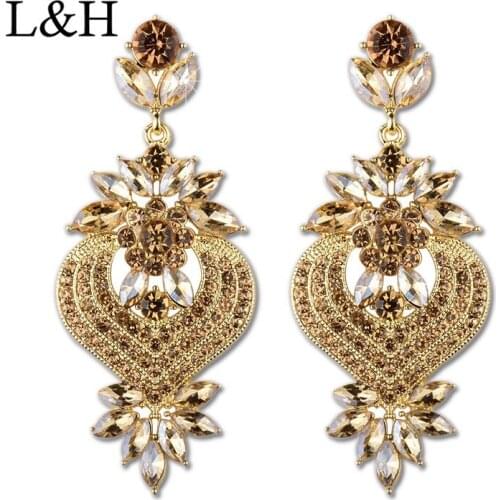 L&H Vintage Gold Color Statement Earrings Heart With Flower Crystal Drop Earring For Women 2018 Fashion Female Earrings Jewelry