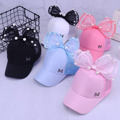 Summer Bow Pearl Baseball Cap Letter M Butterfly Bow Knot Summer Hat For Girls Childrens Sun Hat