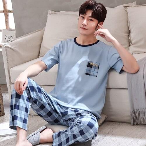 Summer Cotton Mens Pyjamas Short Sleeve Long Pants Pajamas Set Casual Male Sleepwear Night Pijama Hombre Plus Size 4XL Homewear