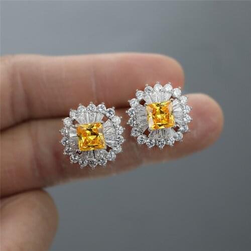 Cute Rainbow Flower Stud Earrings Dainty Female Yellow Square Crystal Earrings Rose Gold Silver Color Wedding Earrings For Women
