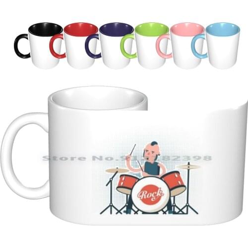 Cartoon Rock Drummer Playing On Drum Set. Ceramic Mugs Coffee Cups Milk Tea Mug Drum Whiskers Iroquois Drummer Earring Music