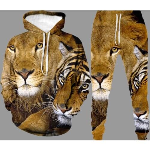 2021 Autumn Trendy Hoodie Sweatshirt Mens Sets Lion 3d Printed Hip Hop Funny Clothing Outfits Long Sleeve Tops and Pants Suit