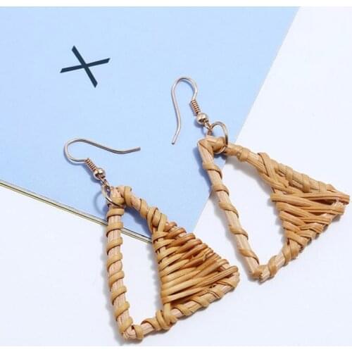 New Korea Bamboo Wooden Straw Weave Rattan Knit Vine Geometric Oversize Triangle Long Drop Earrings For Women Girl Beach Jewelry