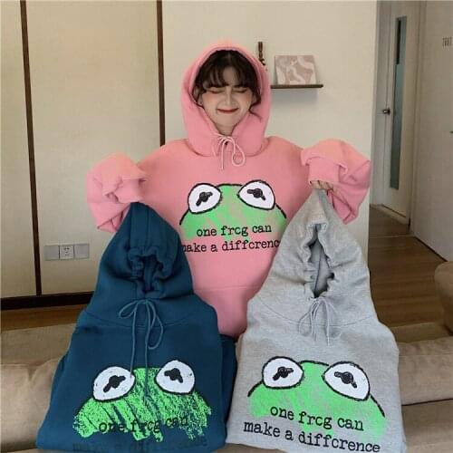 New Harajuku Women Hoodies Frog Pullovers Winter Hooded Casual Sweatshirts Autumn Embroidery Lazy Loose Tops