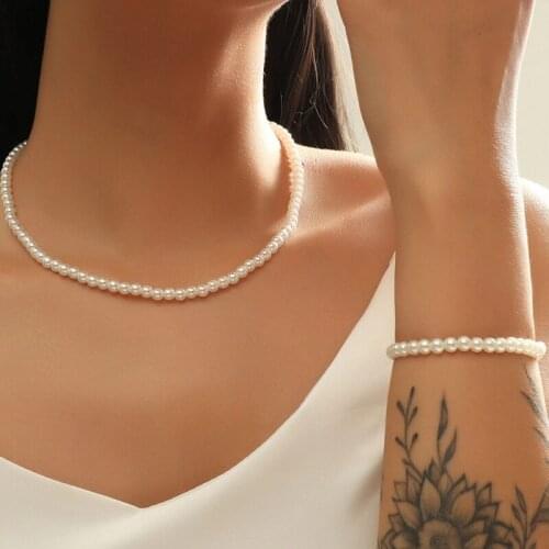 2021 New Trend Small Beads Necklace Bracelet Sets Gold Color Charm Pearl Chains White Jewelry Set for Women Girls Holiday Gift