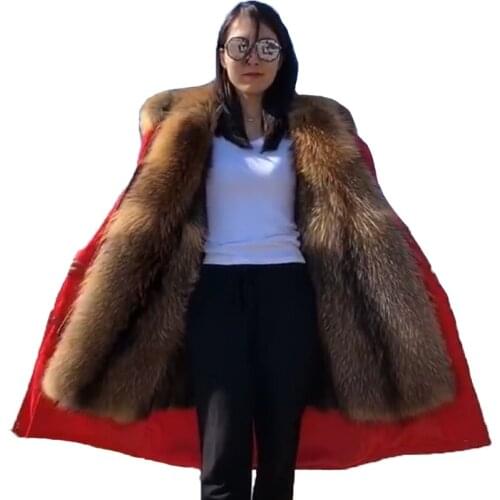 2020 New Natural Muskrats Fur Parka Big Raccoon Fur Collar Hooded Warm Jacket Coat Stately High Quality