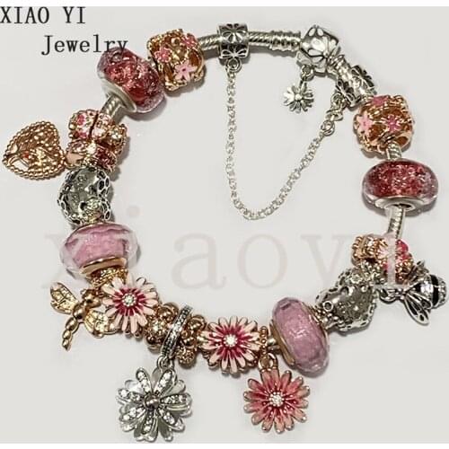 2020 new s925 11 spring girl garden peach daisy glass bee Love tree dragonfly hollow petals with love beads and flower wedding