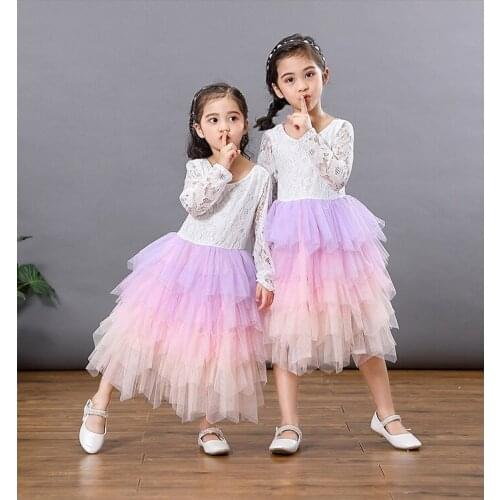 Gradient Color Princess Dress Girls' Clothing Summer Dresses Girl Clothes Long Sleeve Lace Teenage Ball Gown Vestidos Autumn