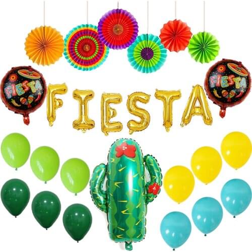 Fiesta Party Decorations Mexican Party Fiestas Supplies Colorful Paper Fans Gold Fiesta Balloon Banner Cactus Foil Balloons