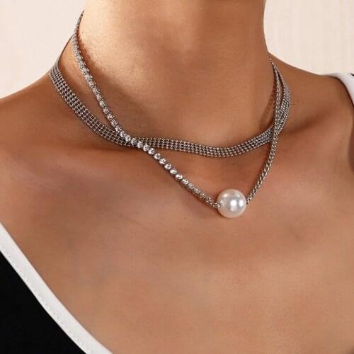 Exaggerated Design Double-layer Round Beads Flashing Diamond Pearl Necklace Net Celebrity Temperament Dinner Necklace Female