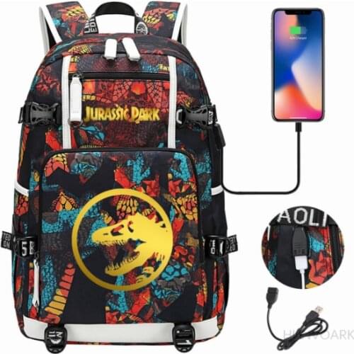New Gold Jurassic Park Dinosaur USB Boy Girl Kids Book Bags Large Capacity Teenagers Schoolbags Women Men Laptop Travel Backpack