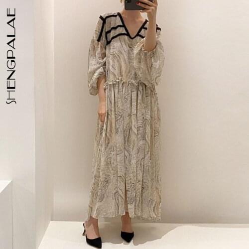 SHENGPALAE 2021 New Spring Autumn Women Vintage Loose High Waist Slim Was Thin Elegant Lantern Sleeve Hit Color Maxi Dress ZA537
