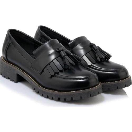 Tassel British Womens Leather Shoes Autumn Vintage Black Women Loafers Thick Heel Large Womens Soft Leather Mary Jane Shoes