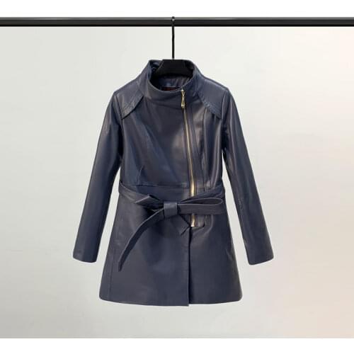 Spring 2021 New Leather Coat Womens Long Windbreaker Sheep Leather Stand Collar Tie Casual Thin Coat