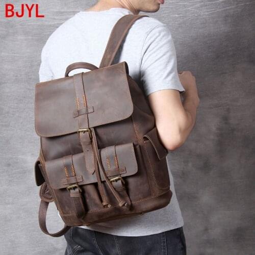 Mens Backpack Men Large-capacity Leather Laptop Bag Travel Bags Motorcycle Bag Male Backpacks New Vintage Crazy Horse Leather