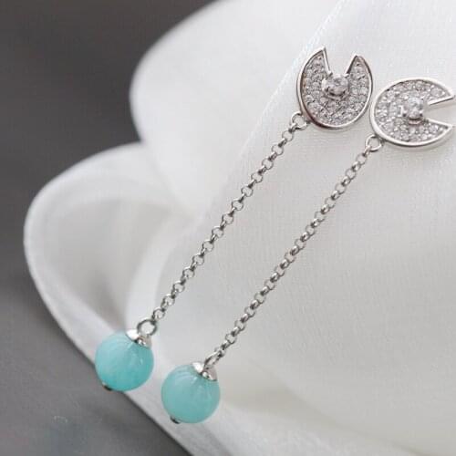 Authentic 925 Sterling Silver Stylish Water Drop Earrings Inlay With Natural AmazoniteTide Long Tassel Lady 925 Silver Eardrop