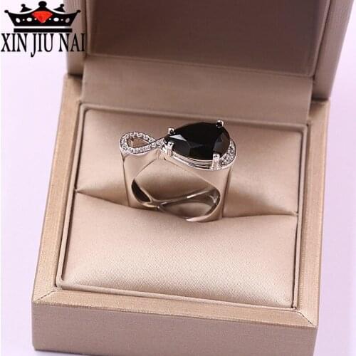 Crystal Women Rings Big Black Water Drop Zircon Stone Wedding Ring Hollow Heart Silver Jewelry