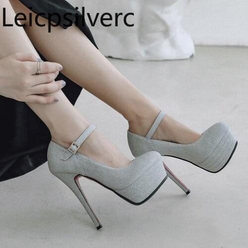 Pumps Spring and autumn The New fashion Round head Shallow mouth Buckle Sequin Fine heel High heel Womens shoes plus size 32-43