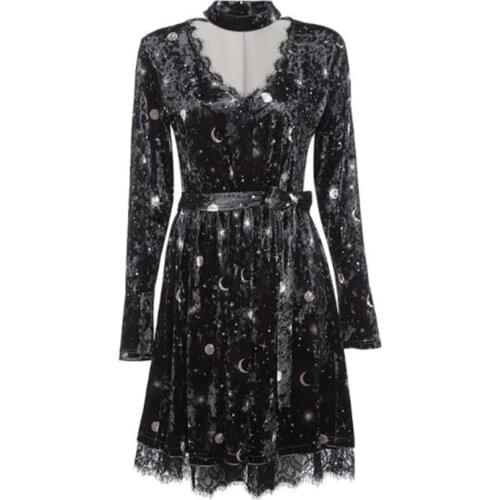 Fashion Star Moon Velvet Dress Women Long Sleeve V-neck Sexy Spring Autumn Lace Hem Short Mini Dresses Gothic Female 2020