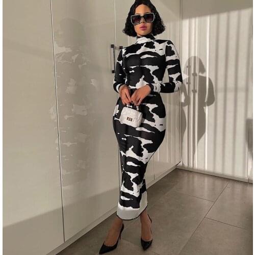 Casual Tie Dye Printed 2021 Sexy Women Long Party Dress Long Sleeve Autumn High Waist Fashion Bodycon Winter Maxi Dress Female