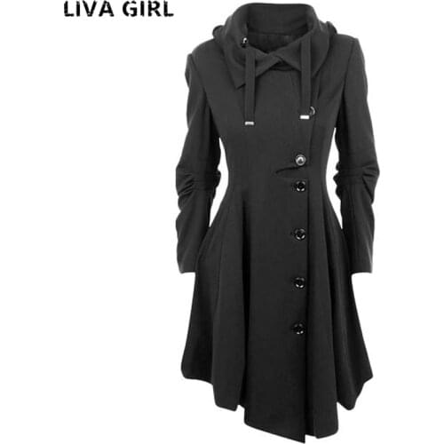 2017 Fashion Long Medieval Trench Woolen Coat Women Winter Black Stand Collar Gothic Overcoat Elegant Women Coat Vintage Female