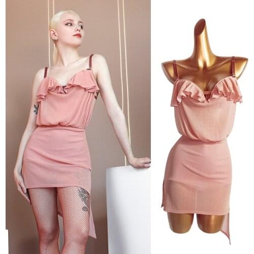 Pink Latin Dance Dress Women Sexy Halter Backless Rumba Tango Prom Performance Stage Costume ChaCha Competition Wear VDB3966
