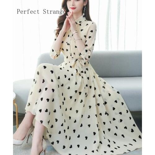 2020 SpringNew Arrival High Quality Plus Size M-3XL Elegant Peter Pan Collar Heart Printed Women Chiffon Long Dress