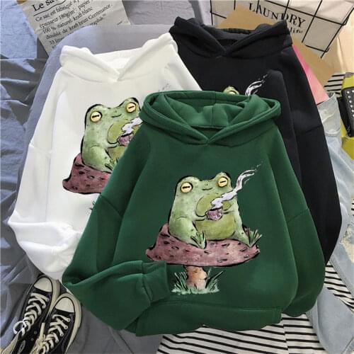 Winter Retro Hoodie Cute Frog Print Long Sleeve Round Neck Top Casual Mushroom Print Loose Sweatshirt Ladies Top Streetwear