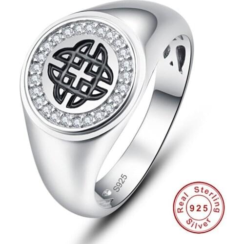 100% Sterling Silver 925 Mens Ring Smooth Round AAA Zircon Crystal Rings Gift Black Eternal Power Knot Ring Jewelry