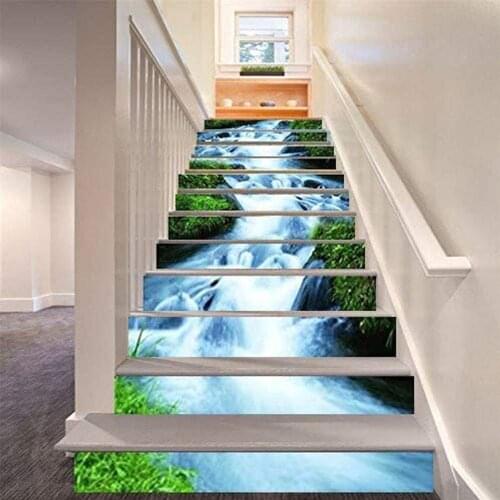 6 Pcs 3D Stair Sticker Waterproof Self Adhesive Wall Sticker Waterfall Pattern Floor Decal Wallpaper Home Decor Decoration