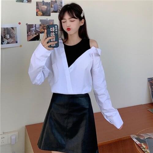 Fake Two Piece Patchwork Blouse Women Off Shoulder Long Sleeve Womens Blouses Korean Shirt Tops Irregular Loose White Blusas