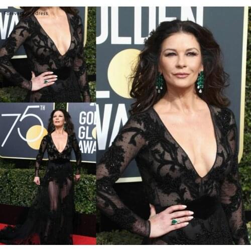 2019 Black Evening Dress Lace Appliques Long Red Carpet Formal Holiday Celebrity Wear Prom Party Gown Custom Made Plus Size