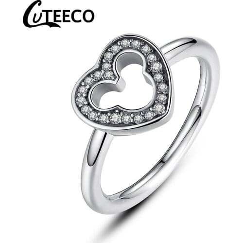 Cuteeco Heart Rings For Women Engagement Girl Love Gift Bague Original Mickey Pan Ring Clear CZ Wedding Fashion Jewelry